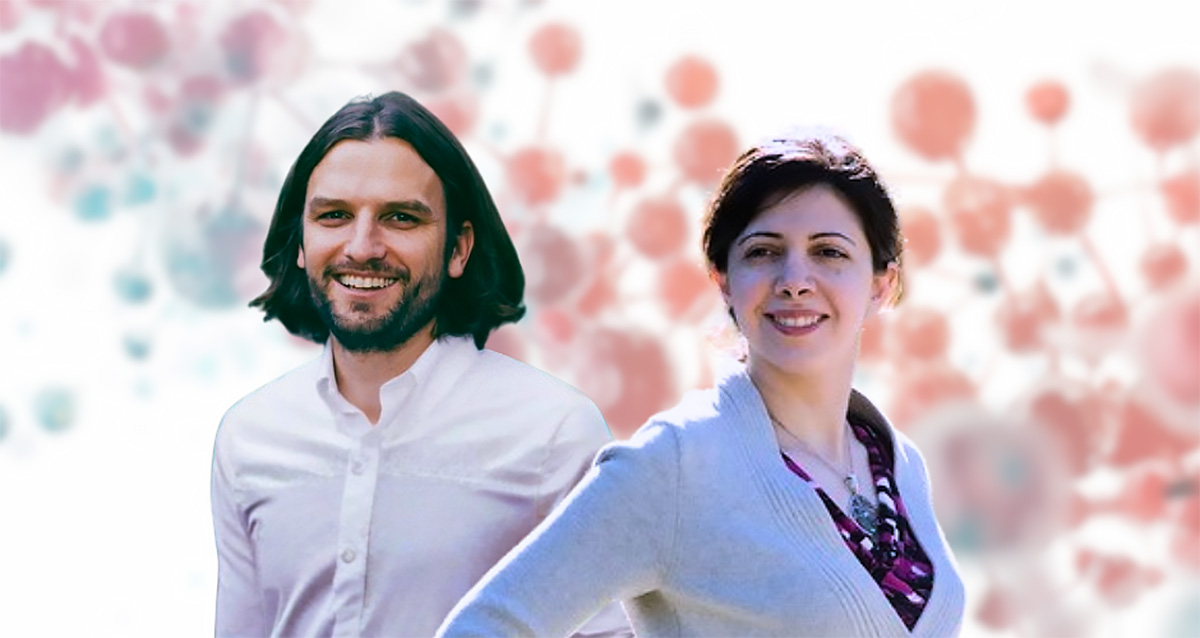 Dr. Lee Murfee and Dr. Parisa Rashidi smiling against a science-inspired background